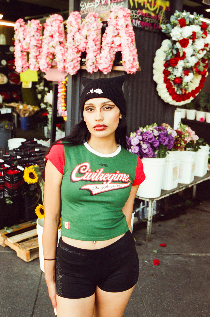 La Jefa Baby Tee in Deep Green/Radiant Red/White