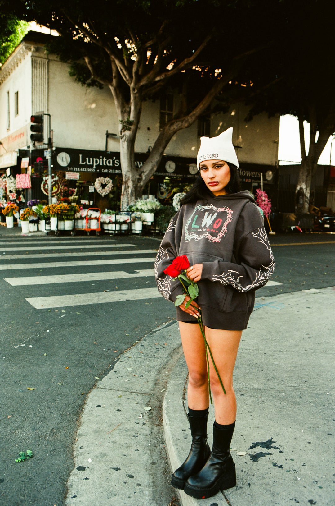 Mysterio Rose Script Horns Beanie in White