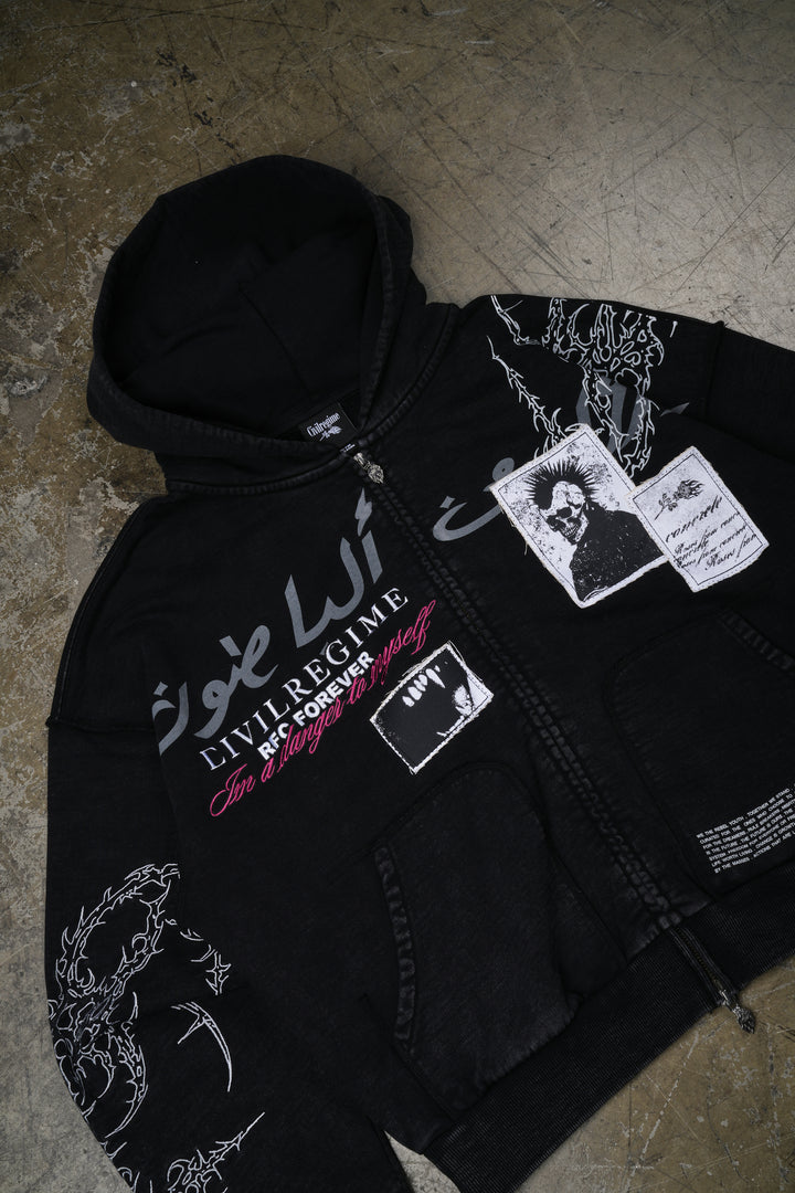 Fisticuffs Civil Zip Up Hoodie in Vintage Black