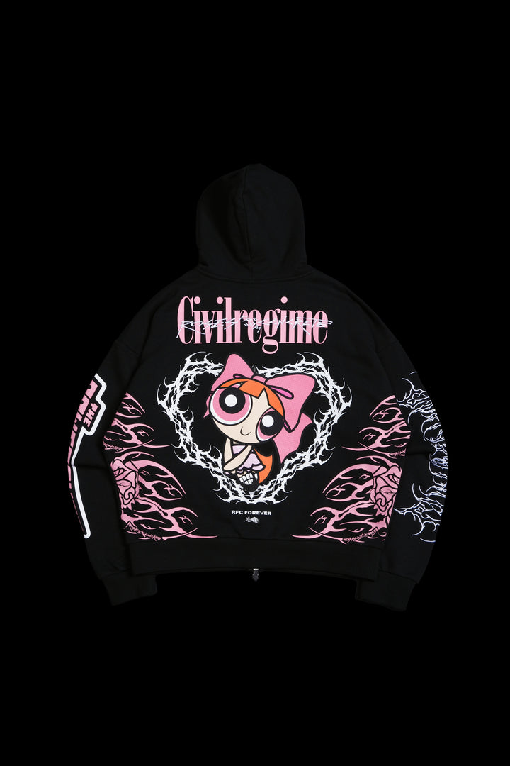 Blossom's Spirit Distressed Zip Up Hoodie in Black