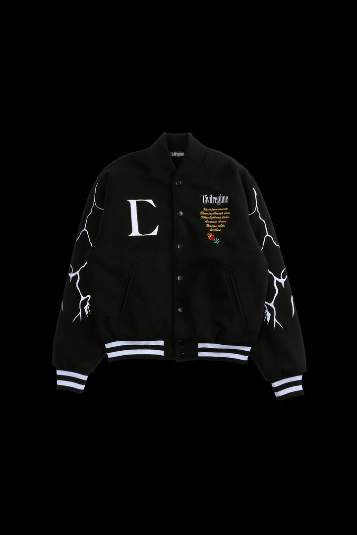 Night Strikes Varsity Jacket in Black