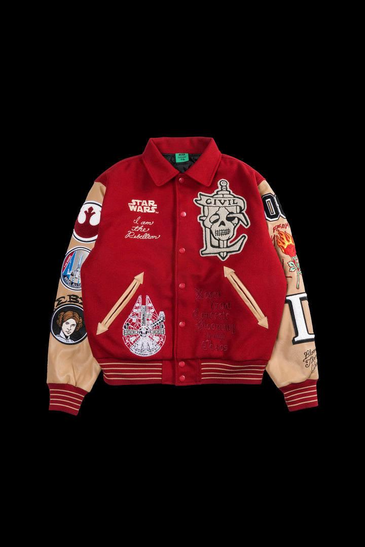Rebellion Collared Letterman Jacket in Deep Red/Sand