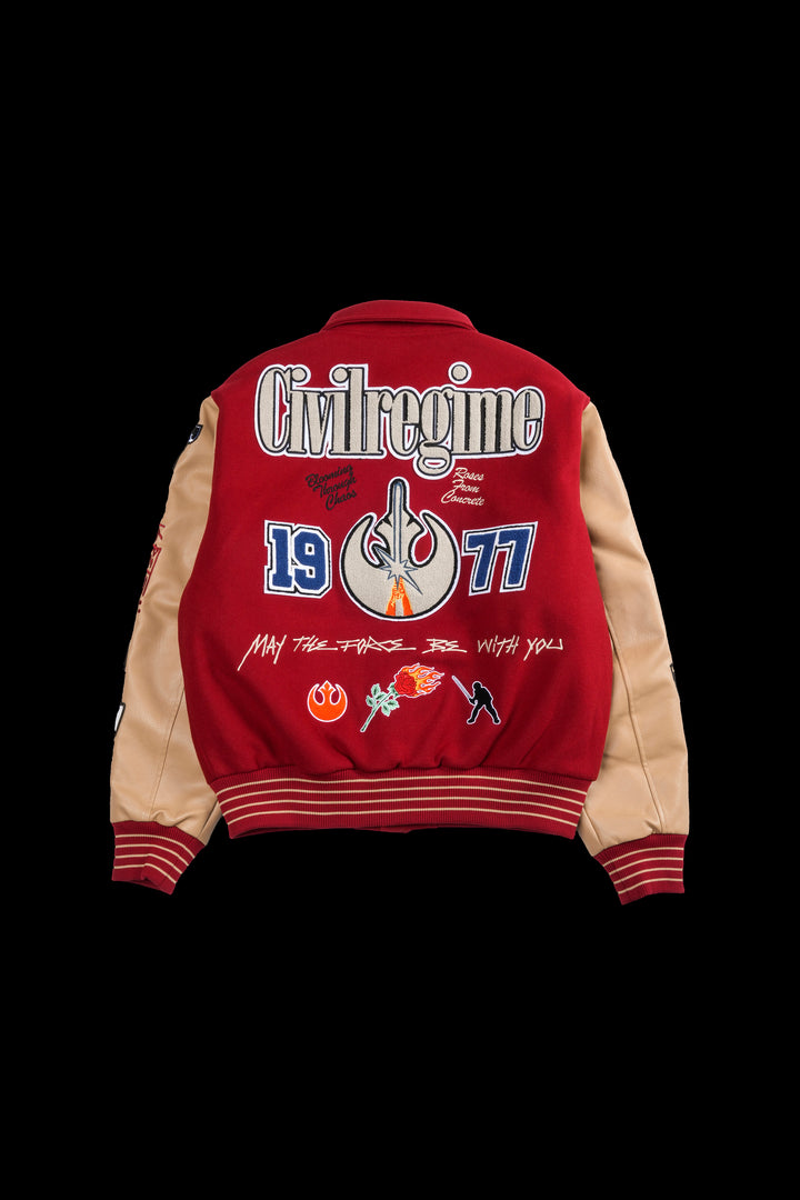 Rebellion Collared Letterman Jacket in Deep Red/Sand