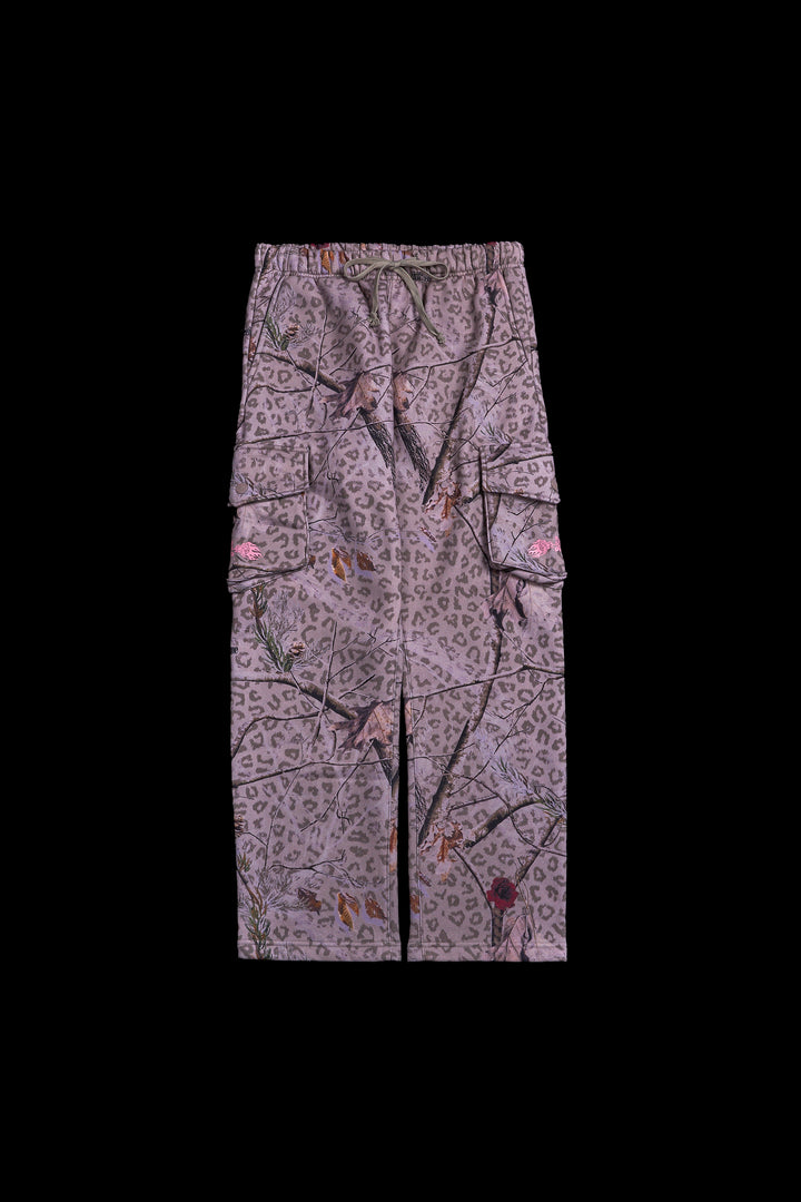 Concrete Forest Wide Leg Cargo Fleece Pants in Real Leopard Camo