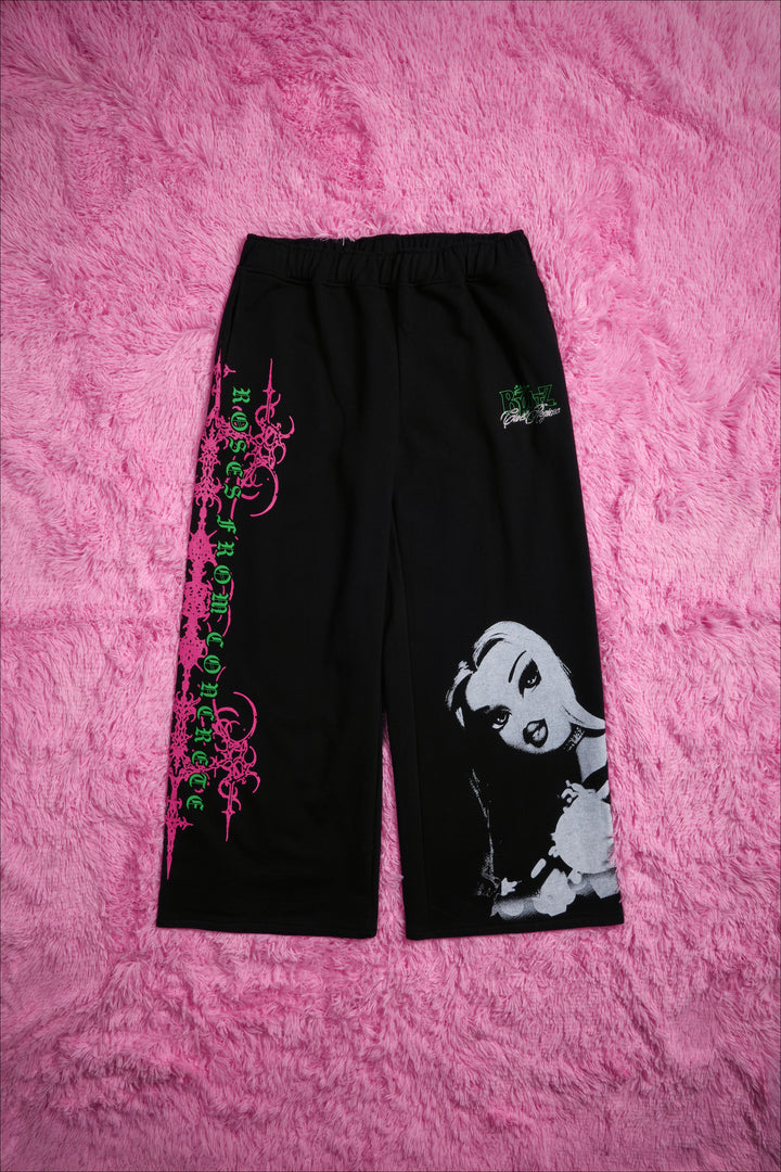 Petal With A Problem Ultra Lowrise Wide Leg Fleece Pants in Black