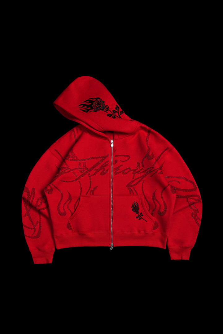 Trail Of Ashes Zip Up Hoodie in Cherry Red