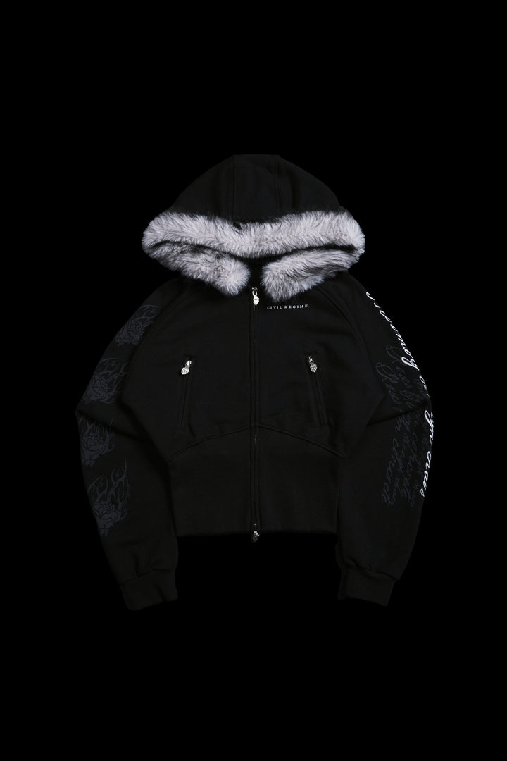 Deadly Alliance Angel Crop Fur Zip Up Hoodie in Black