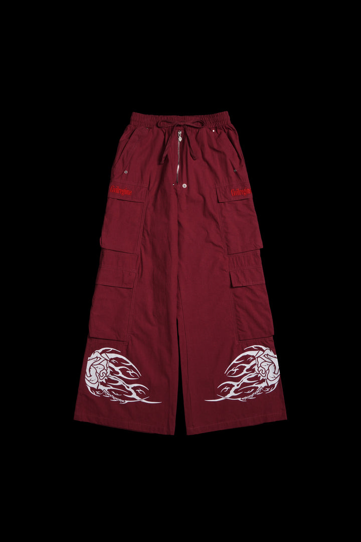 Fallen Rose Ultra Wide Leg Cargo Pants in Burgundy