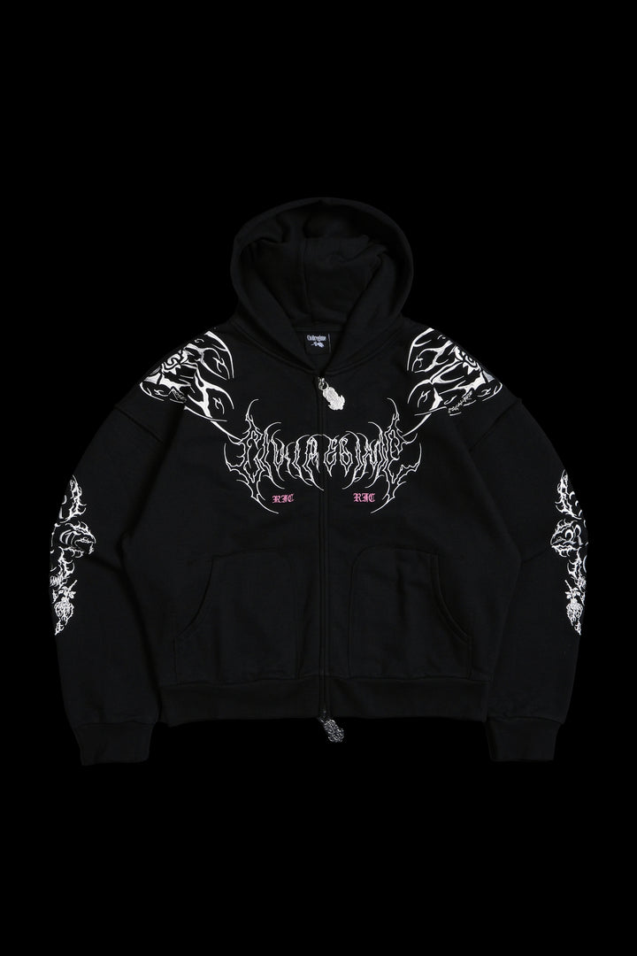 Surging Through The Blossoms Outliers Distressed Zip Up Hoodie in Black/Pink