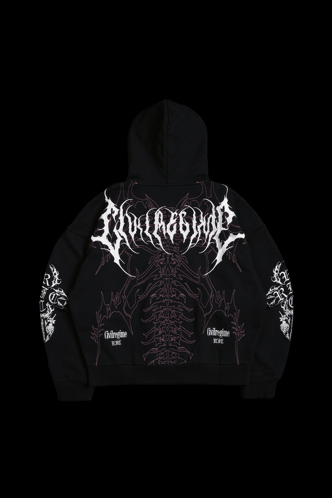 Surging Through The Blossoms Outliers Distressed Zip Up Hoodie in Black/Pink