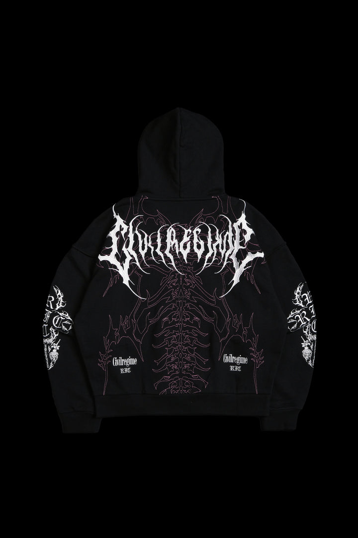 Surging Through The Blossoms Outliers Distressed Zip Up Hoodie in Black/Pink