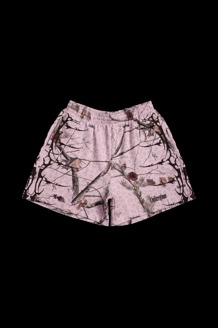 Core Brigade Baggy Shorts in Baby Pink Real Leopard Camo