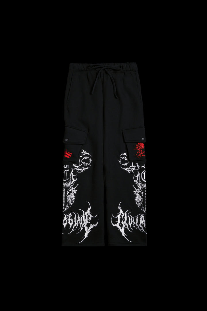 Chaos Regime Wide Leg Cargo Fleece Pants in Black