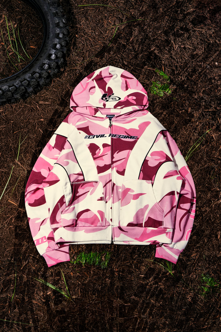 Operation Puff Civl Zip Up Hoodie in Baby Pink Camo