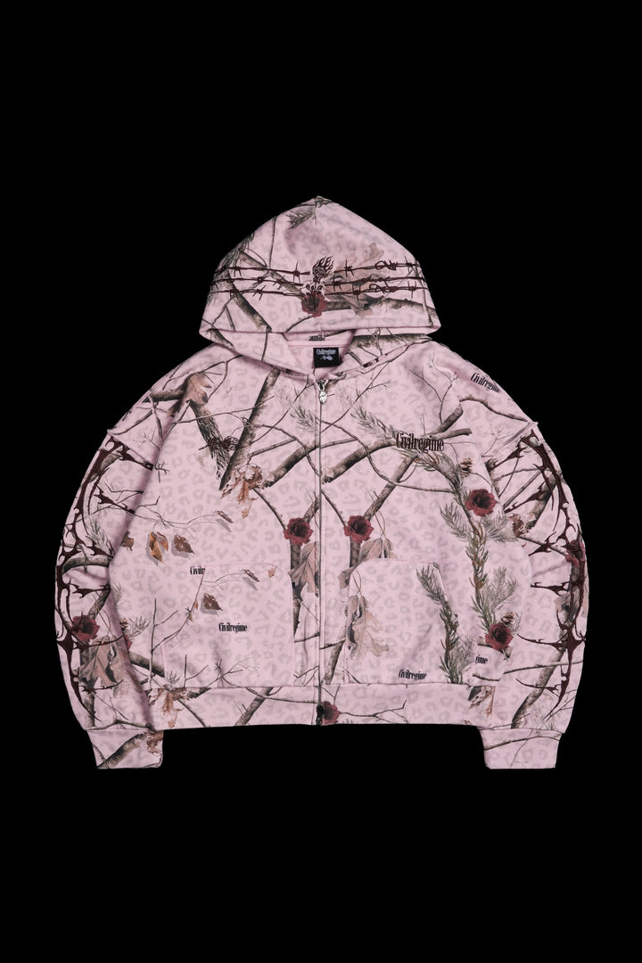Core Brigade Civil Zip Up Hoodie in Baby Pink Real Leopard Camo