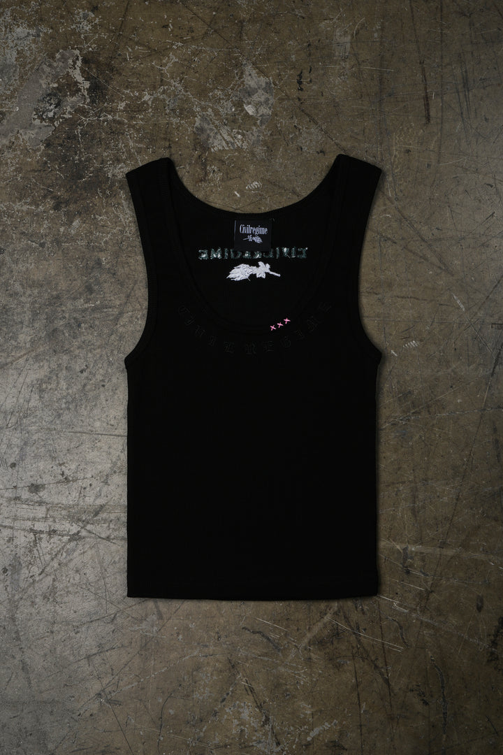 Civil Dispute Cropped Ribbed Tank in Black