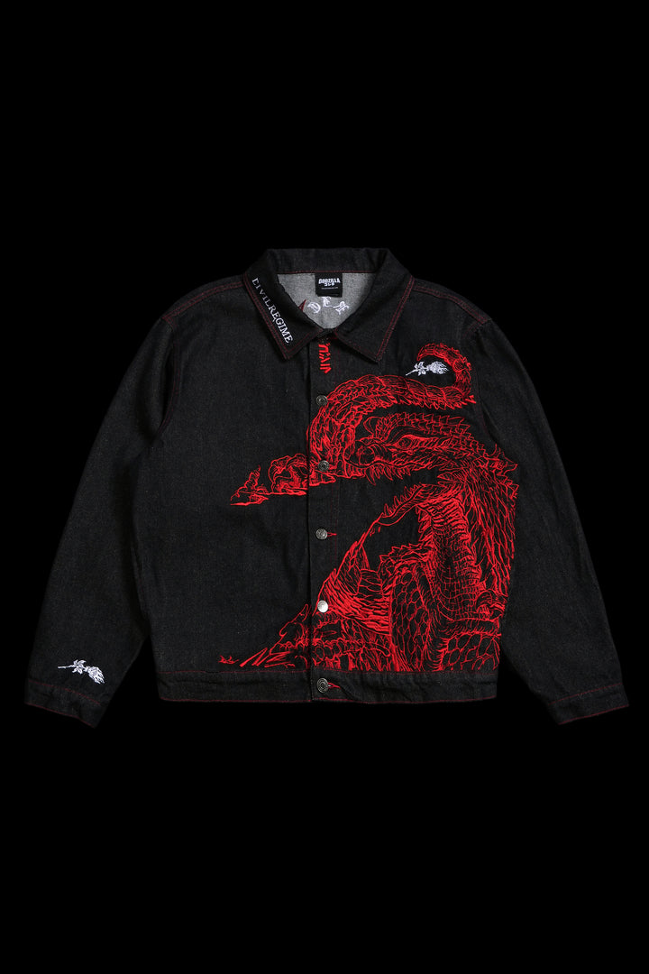 Flames And Agony Raw Denim Jean Jacket in Black
