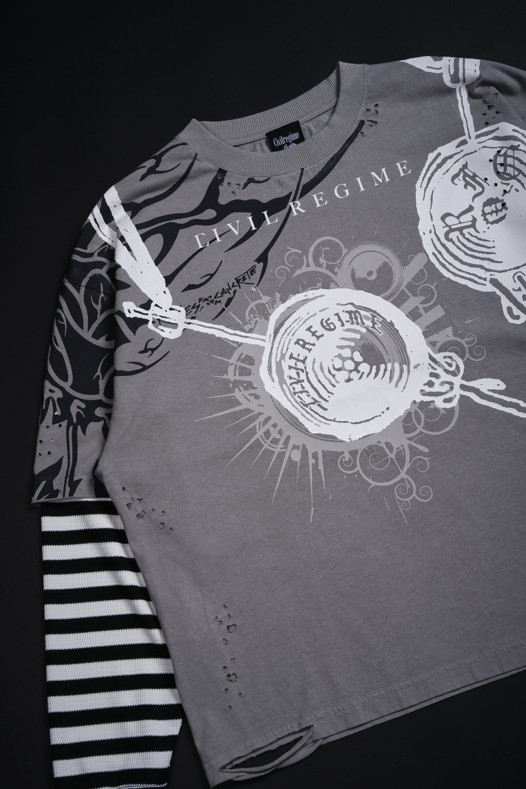 Music On, World Off Distressed Twofer in Ash Gray Stripe Black/Gray