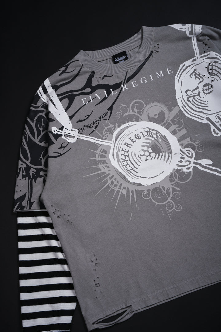 Music On, World Off Distressed Twofer in Ash Gray Stripe Black/Gray