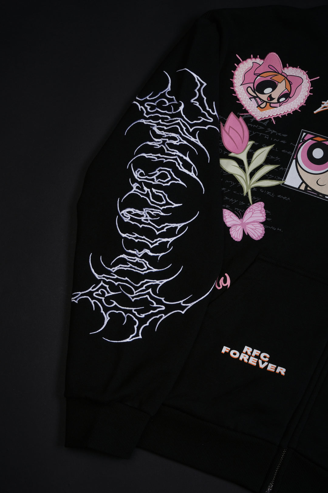 Blossom's Spirit Distressed Zip Up Hoodie in Black