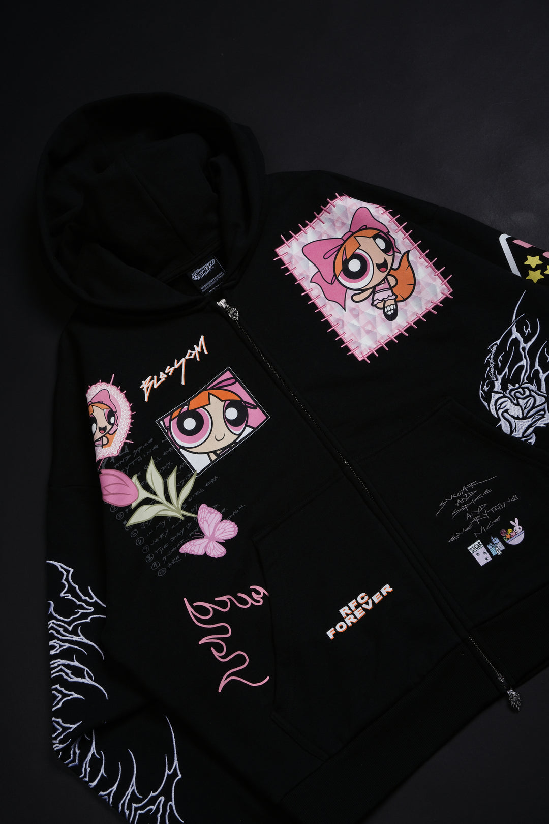 Blossom's Spirit Distressed Zip Up Hoodie in Black