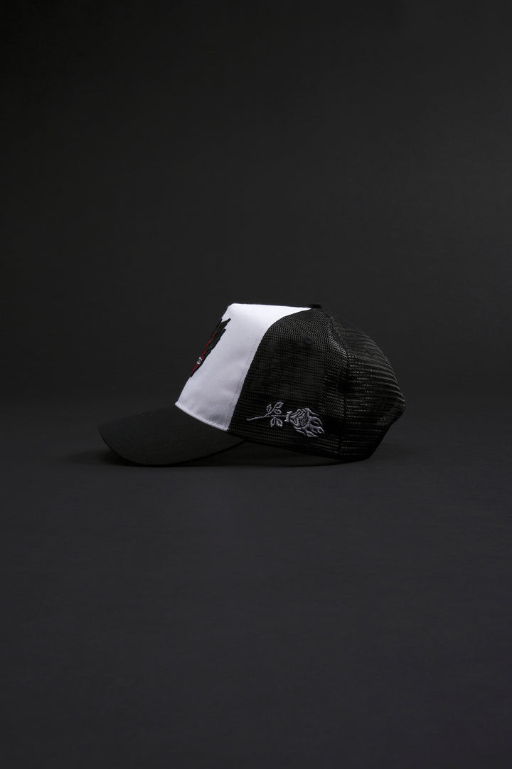 Blazing Rose Trucker Hat in White/Black