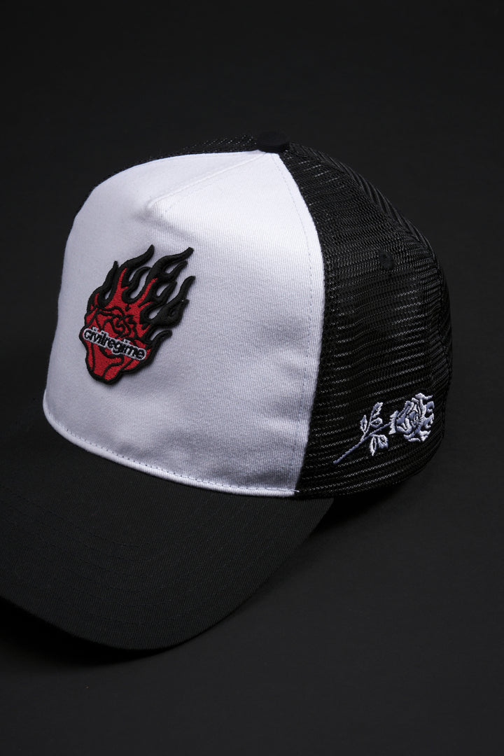 Blazing Rose Trucker Hat in White/Black