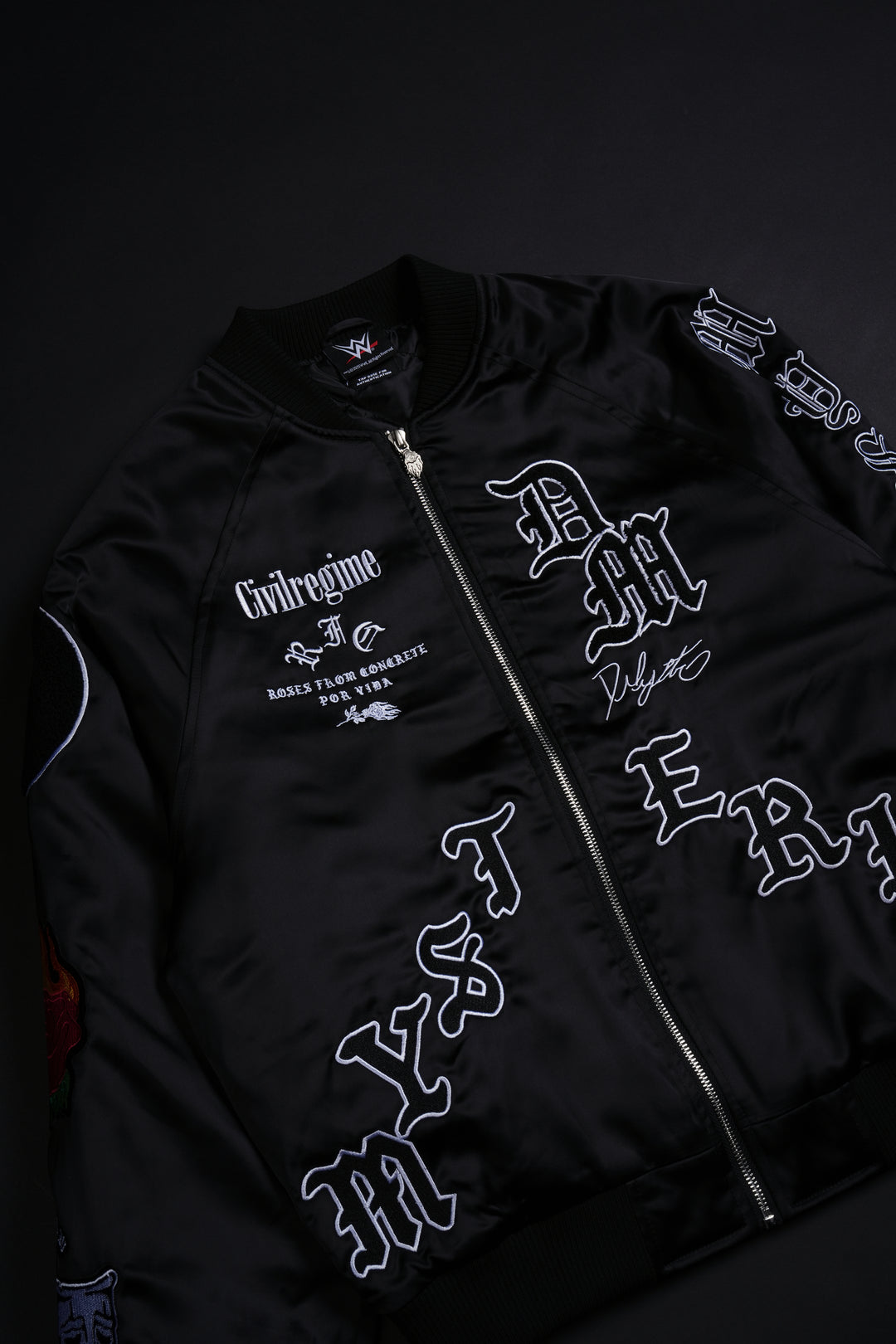 Dirty Dom Satin Bomber Zip Jacket in Black