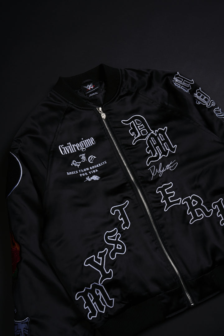 Dirty Dom Satin Bomber Zip Jacket in Black