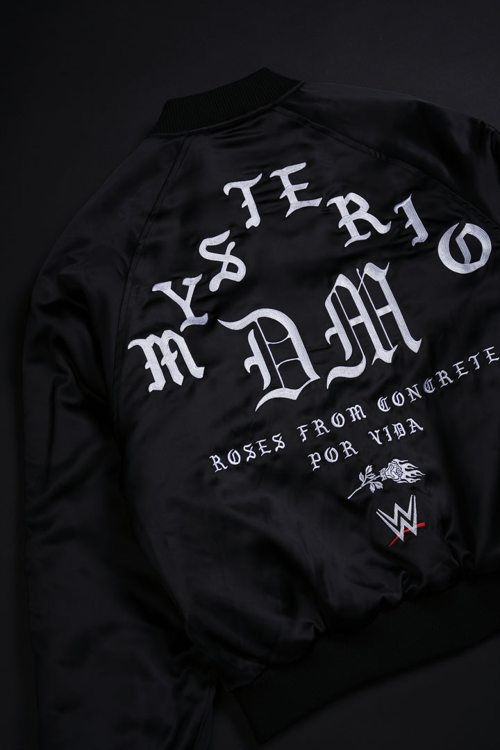 Dirty Dom Satin Bomber Zip Jacket in Black