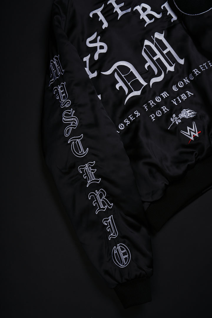 Dirty Dom Satin Bomber Zip Jacket in Black