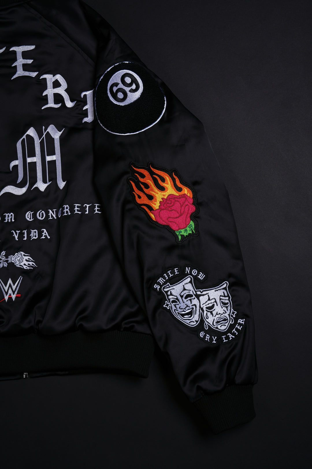 Dirty Dom Satin Bomber Zip Jacket in Black