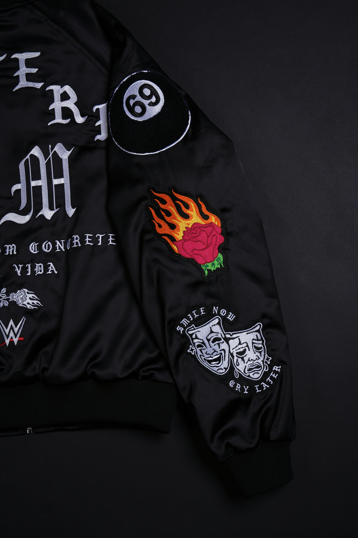Dirty Dom Satin Bomber Zip Jacket in Black