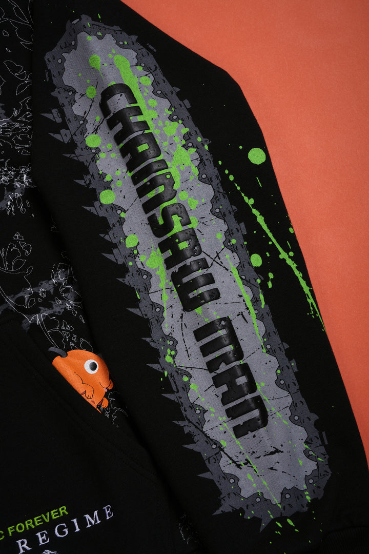 Chain Head Full Zip Up Hoodie in Black