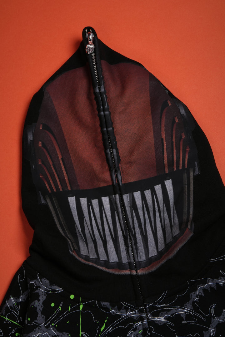 Chain Head Full Zip Up Hoodie in Black