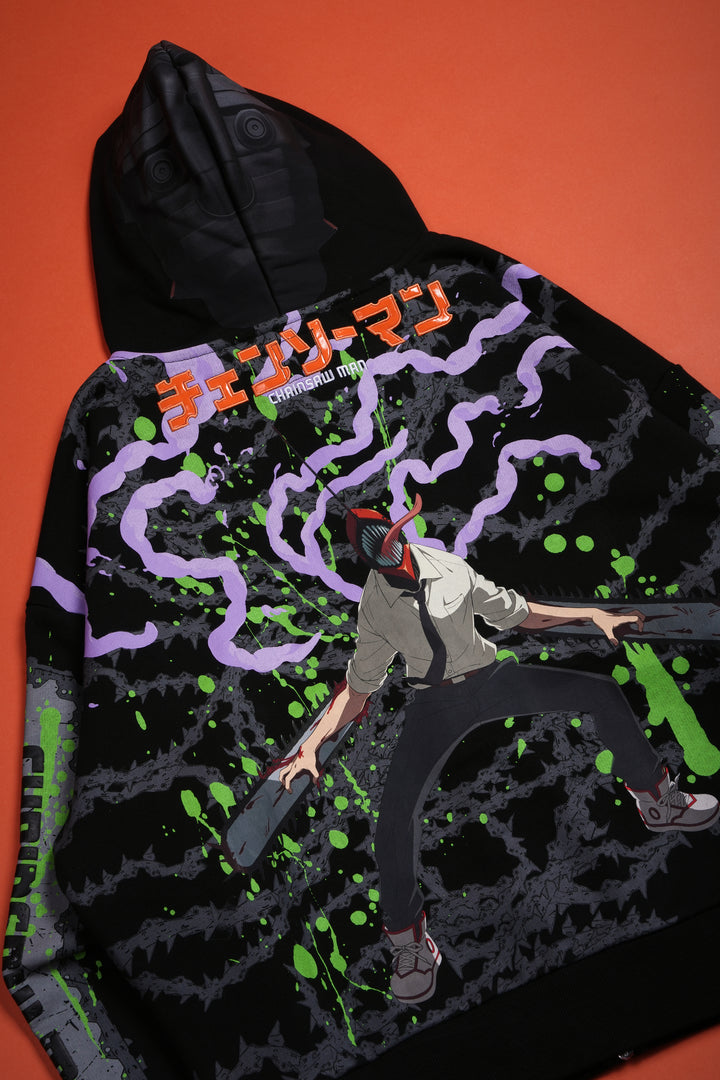 Chain Head Full Zip Up Hoodie in Black