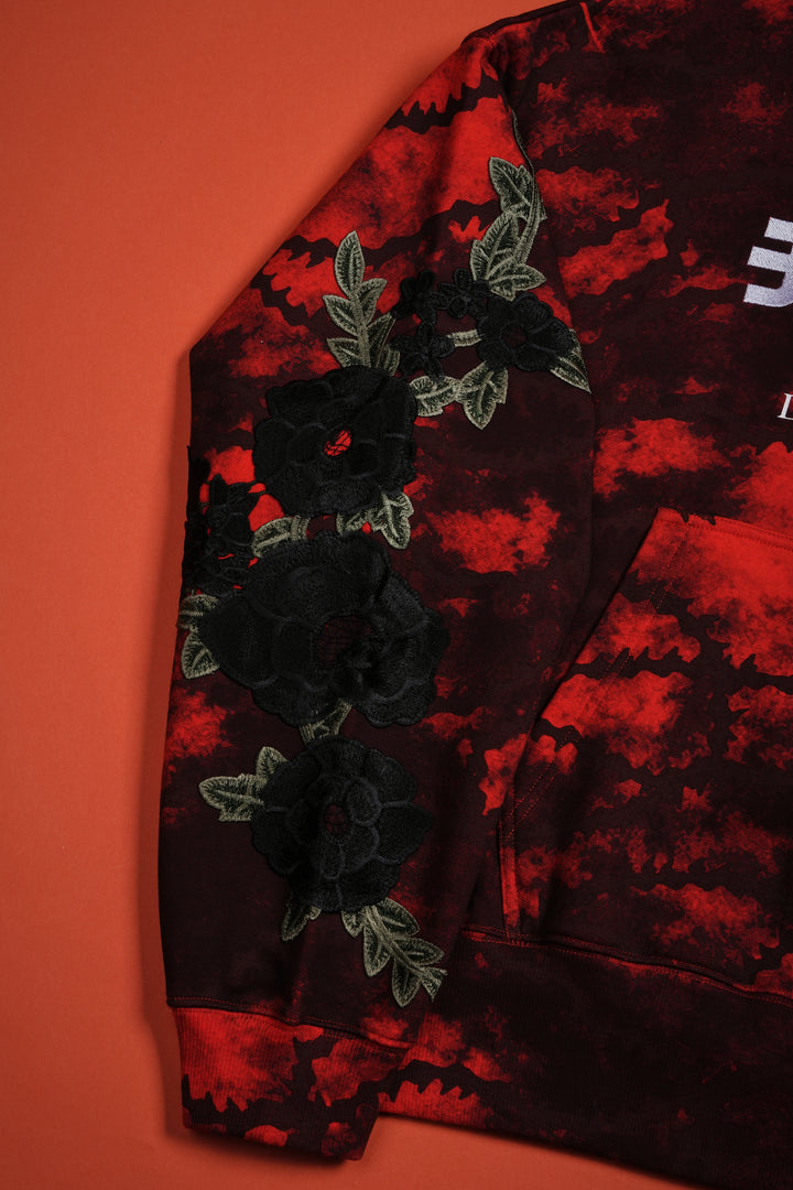 Chainsaw Forever Rose Hoodie in Black/Red Marble Wash