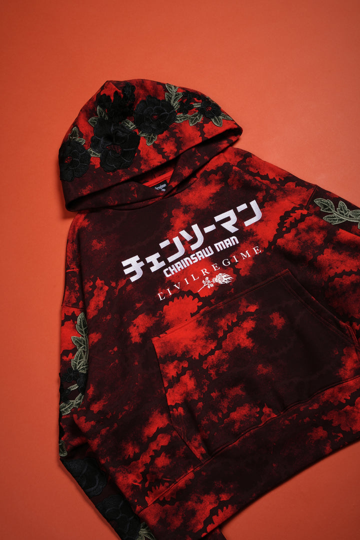 Chainsaw Forever Rose Hoodie in Black/Red Marble Wash