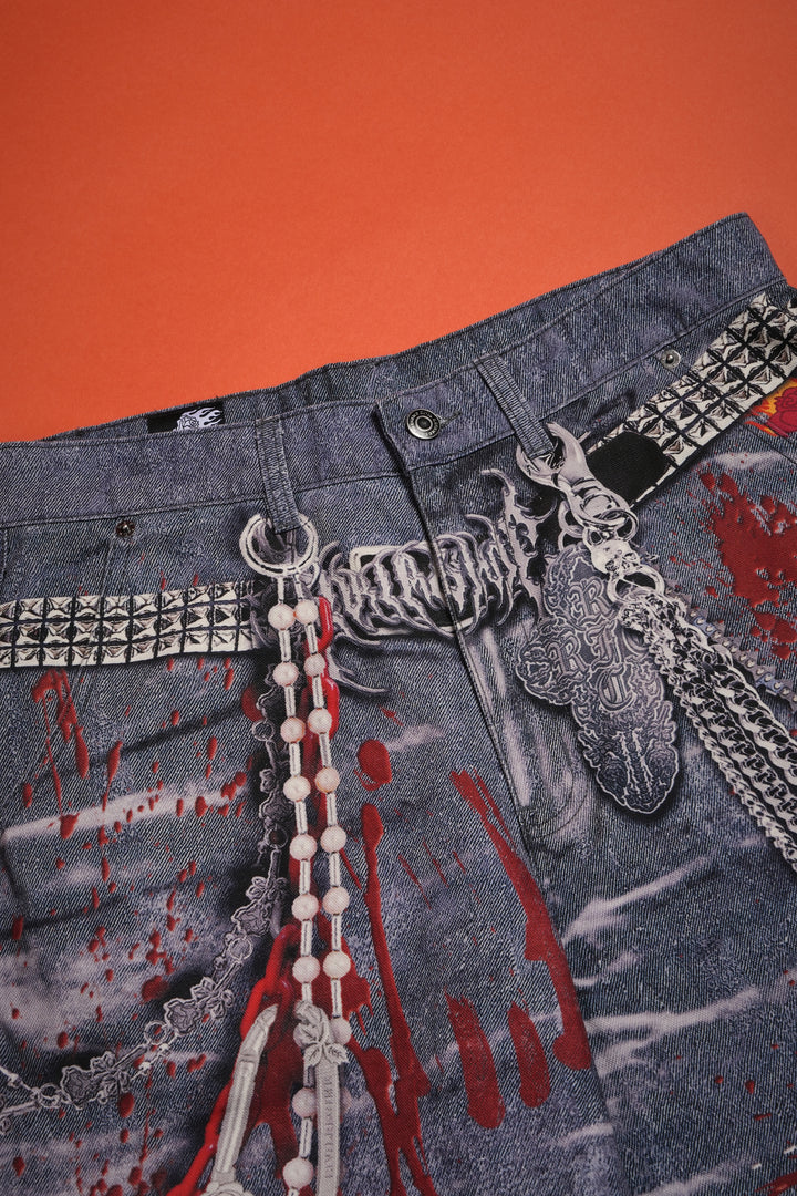 Regime Rebellion Long Denim Shorts in Vintage Black