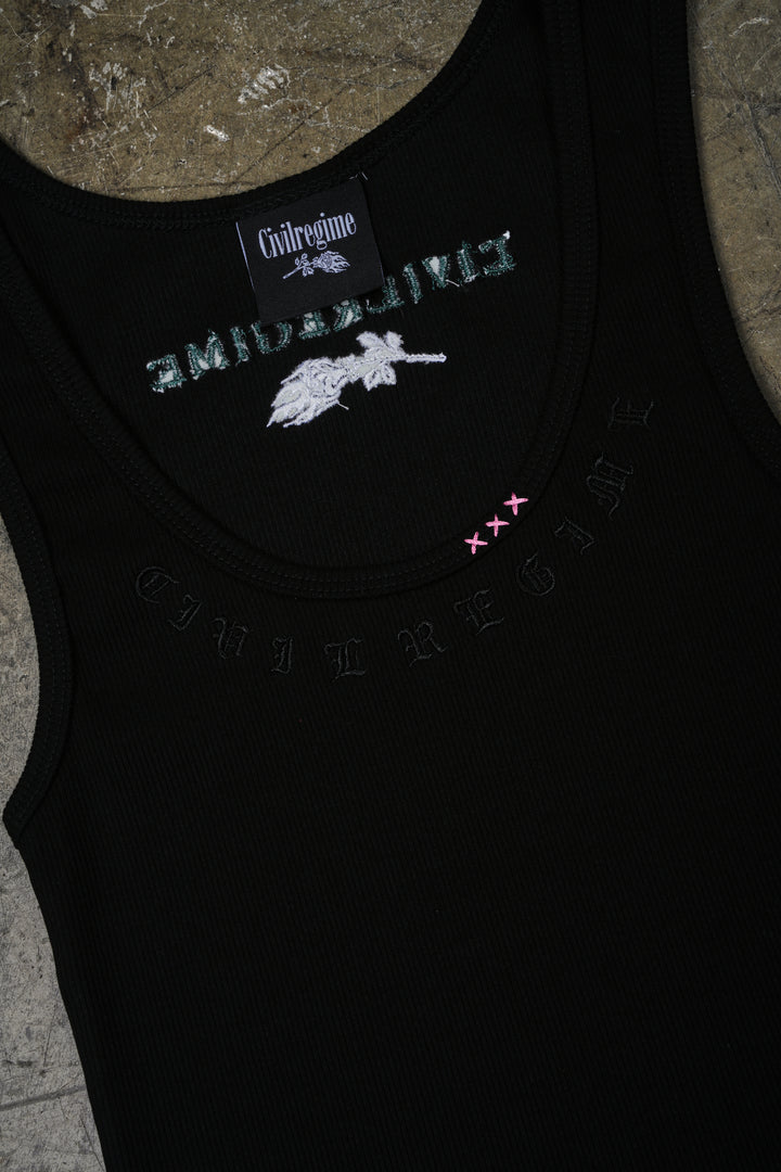 Civil Dispute Cropped Ribbed Tank in Black