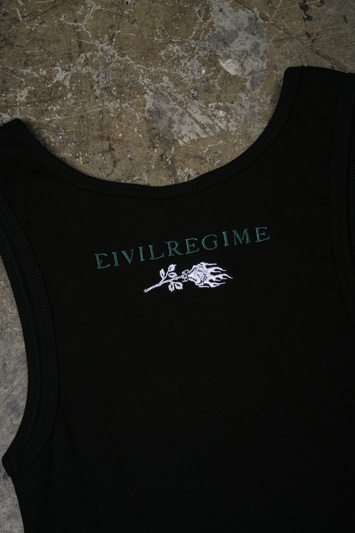 Civil Dispute Cropped Ribbed Tank in Black
