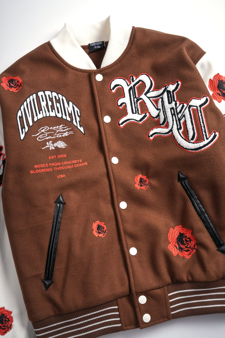 Rose Garden Letterman Jacket in Butter/Reaper Brown