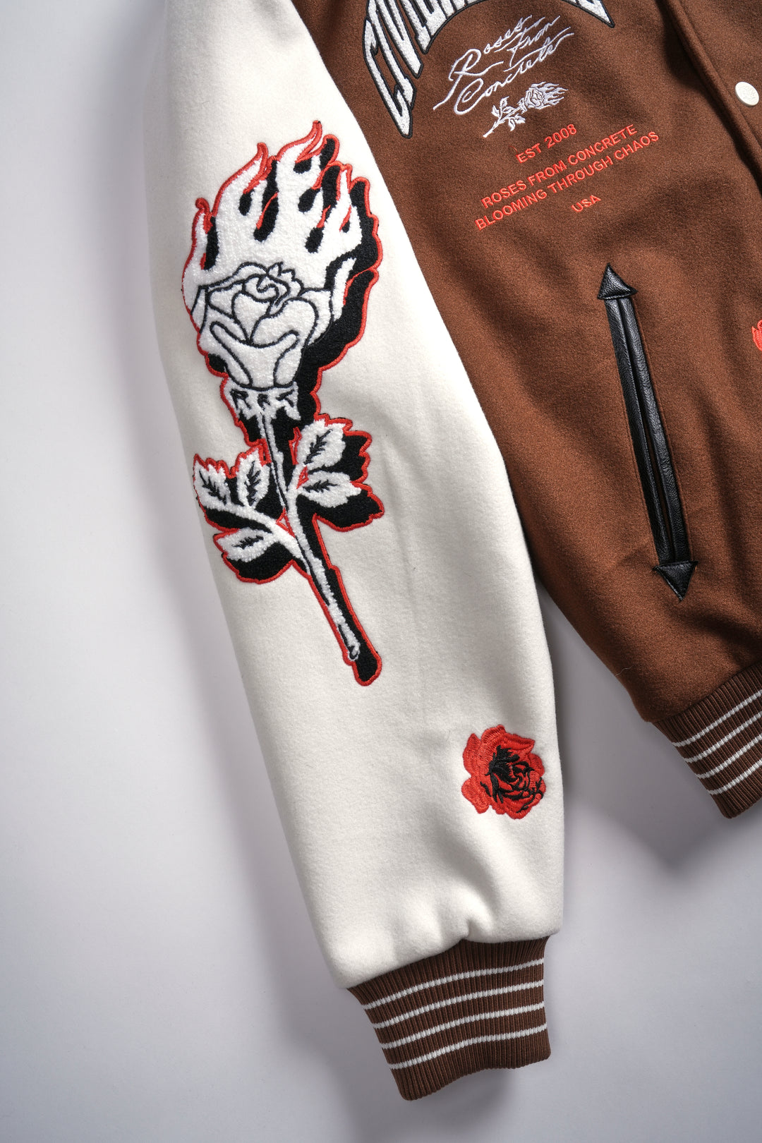 Rose Garden Letterman Jacket in Butter/Reaper Brown