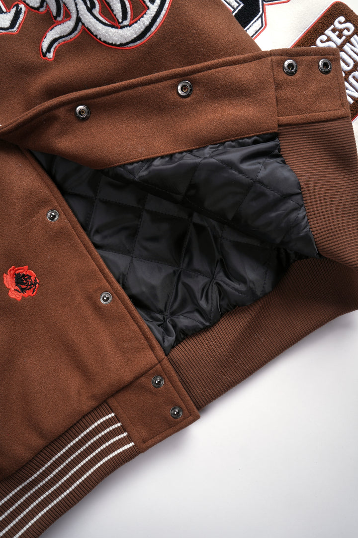 Rose Garden Letterman Jacket in Butter/Reaper Brown
