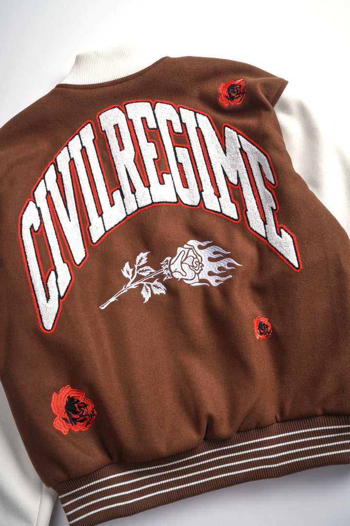 Rose Garden Letterman Jacket in Butter/Reaper Brown