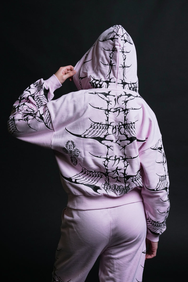 Bankai Brigade Outliers Distressed Zip Up Hoodie in Baby Pink