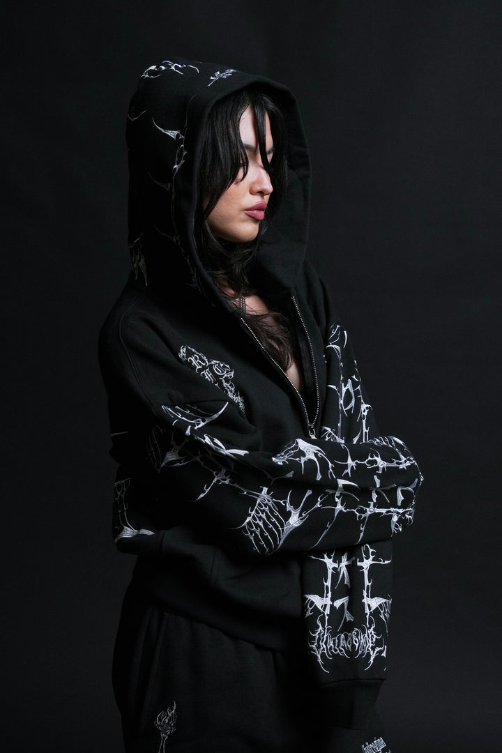 Bankai Brigade Outliers Distressed Zip Up Hoodie in Black