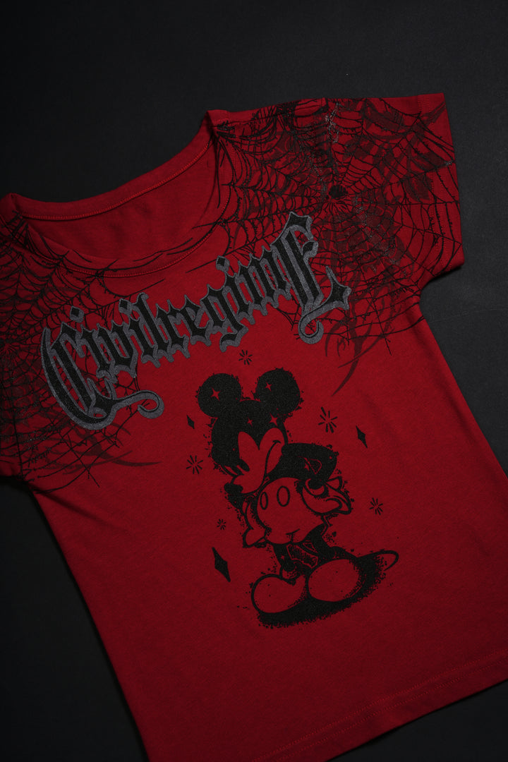 Cobweb Mickey Baby Tee in Red