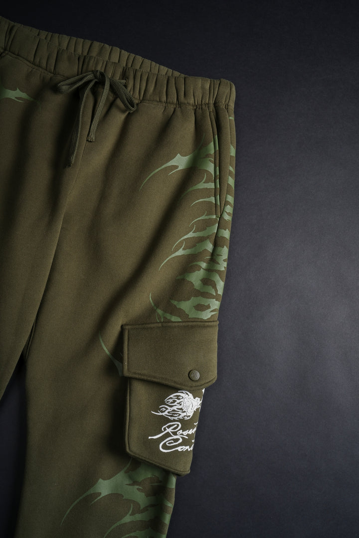 Pure Chaos Wide Leg Cargo Fleece Pants in Olive