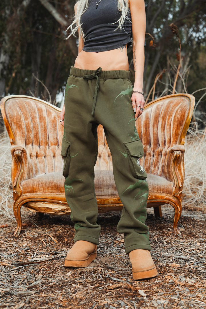 Pure Chaos Wide Leg Cargo Fleece Pants in Olive